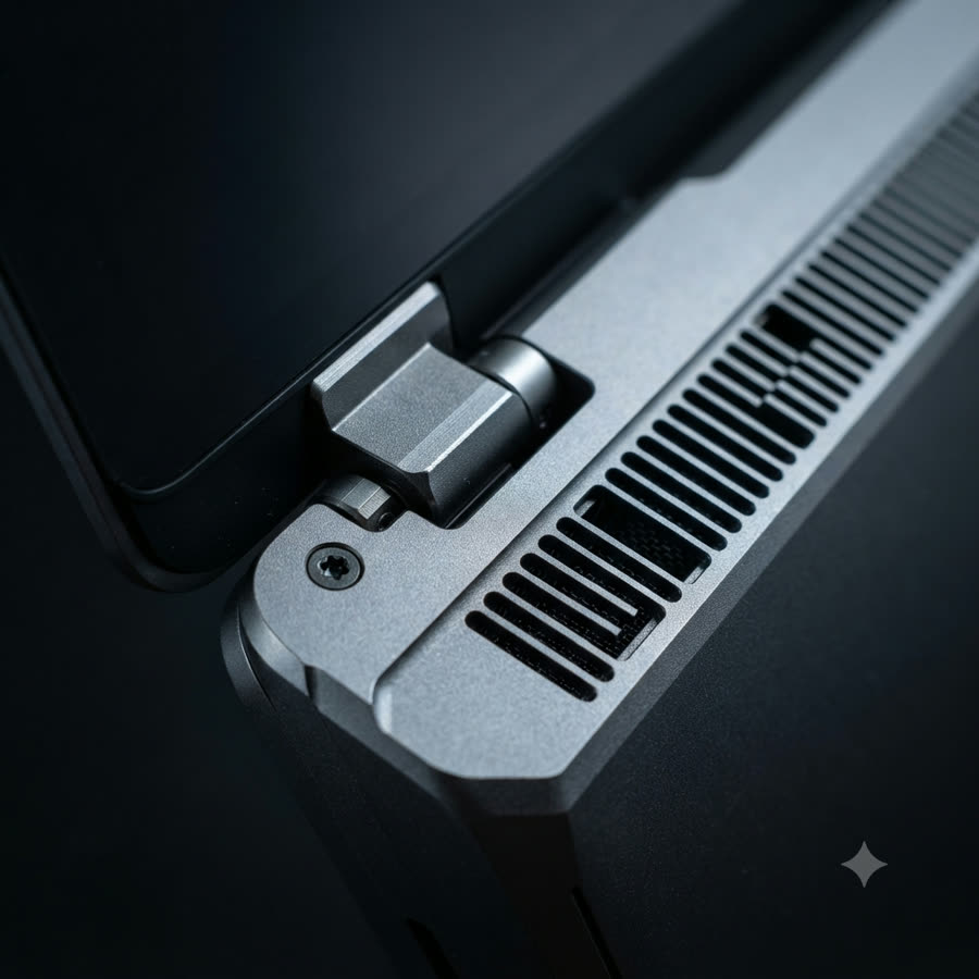 Macro close-up of a laptop hinge and cooling vent