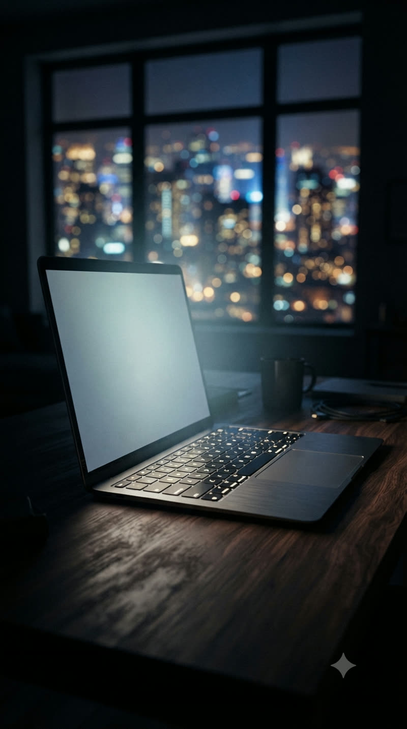 Laptop glowing on a desk at night with city lights in the background